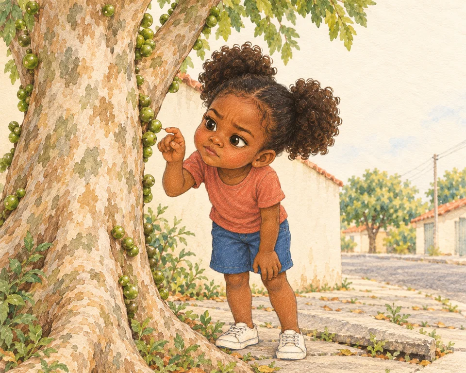 Ana observa de perto uma jabuticaba ainda verde