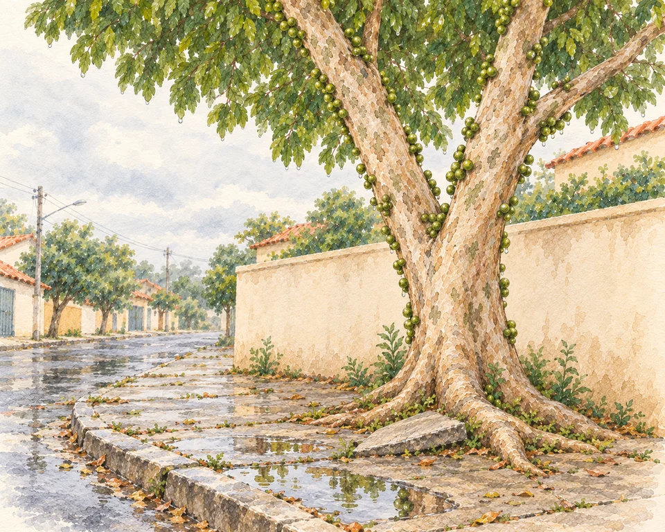 A jabuticabeira e a calçada molhada depois da chuva
