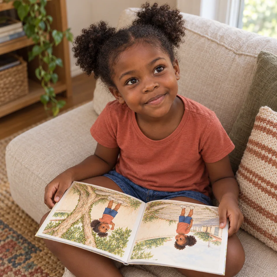 Ana com o livro ilustrado aberto no colo
