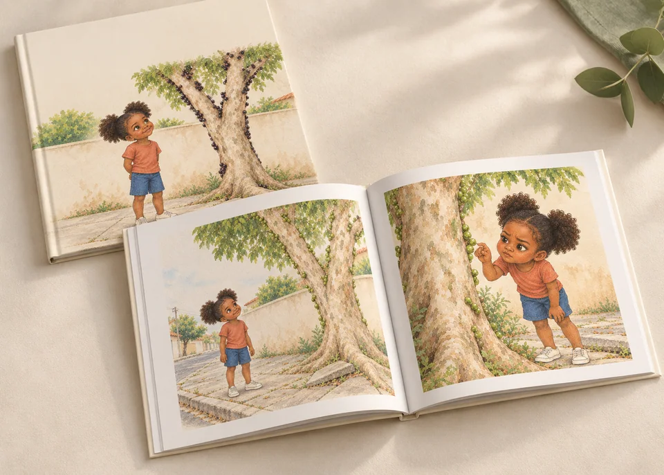 Livro quadrado em capa dura, fechado e aberto nas páginas ilustradas